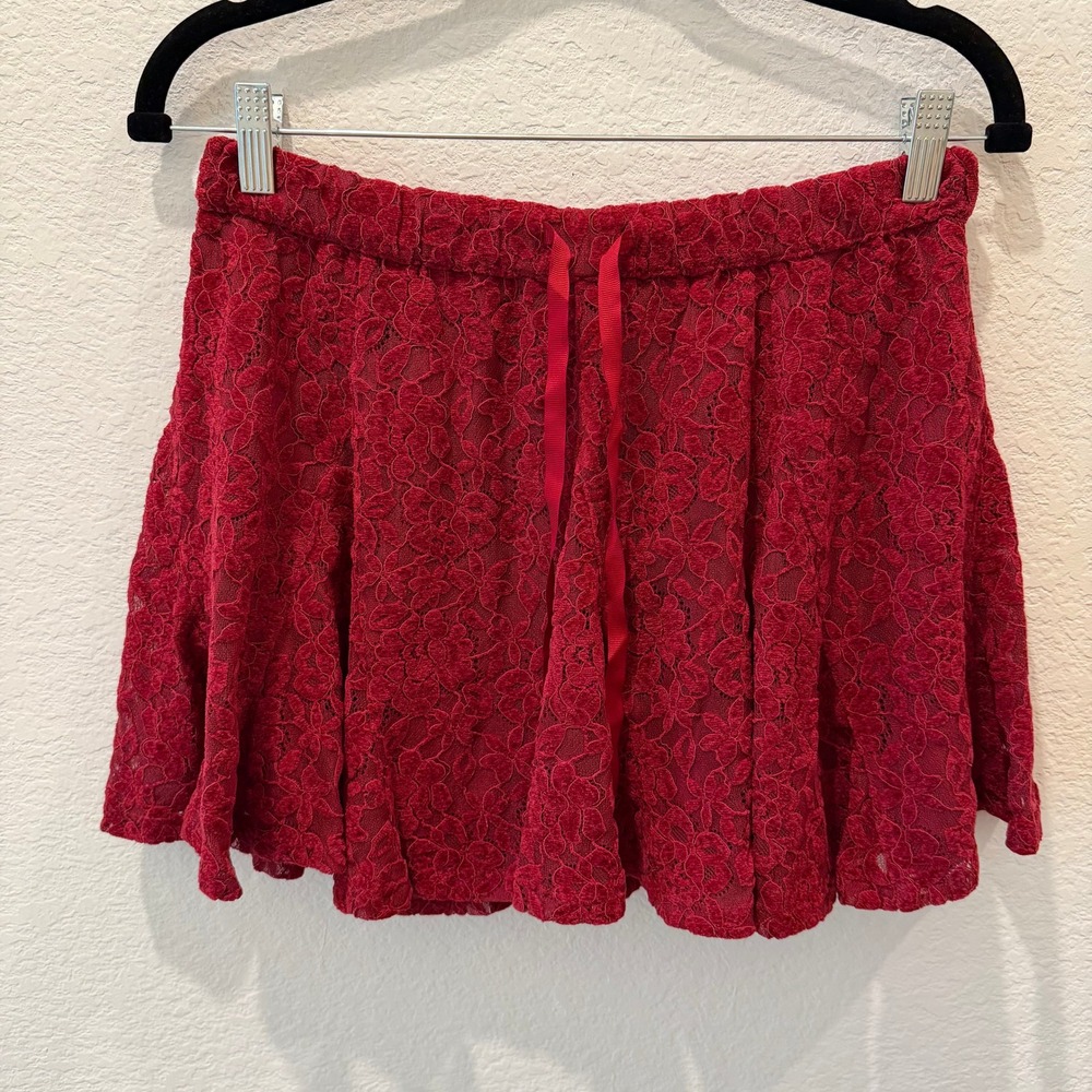 Aerie Red Floral Lace Mini Skirt Elastic Waist Ribbon Drawstring NWT Small